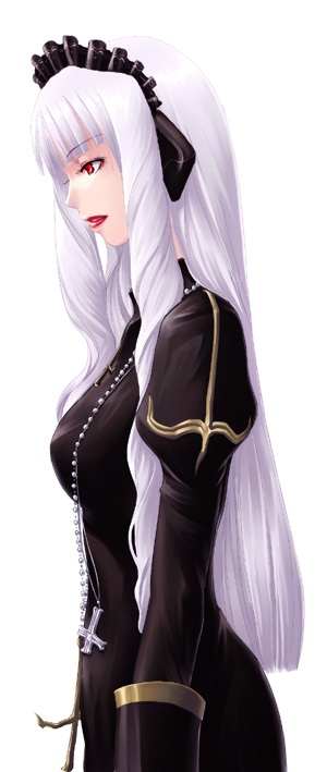 1girl, black_theme, cross, cross_necklace, female_focus, from_side, goth_fashion, headdress