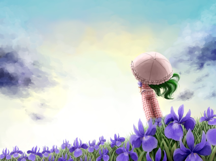 1girl, blue_sky, cloud, female_focus, field, flower, flower_field, from_behind