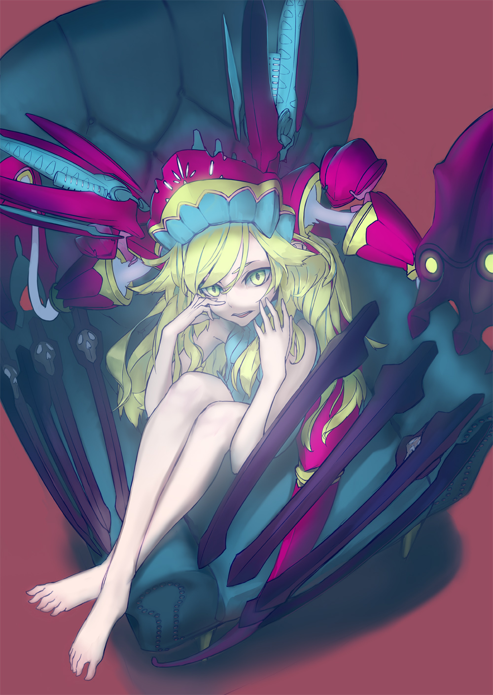 1girl, armchair, barefoot, blonde_hair, chair, crossed_legs, fangs, feet