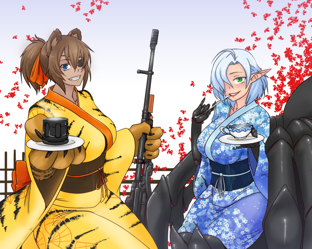 arachne, arachne_(monster_girl_encyclopedia), arthropod_girl, eating, insect_girl, japanese_clothes, jinko_(monster_girl_encyclopedia), kimono