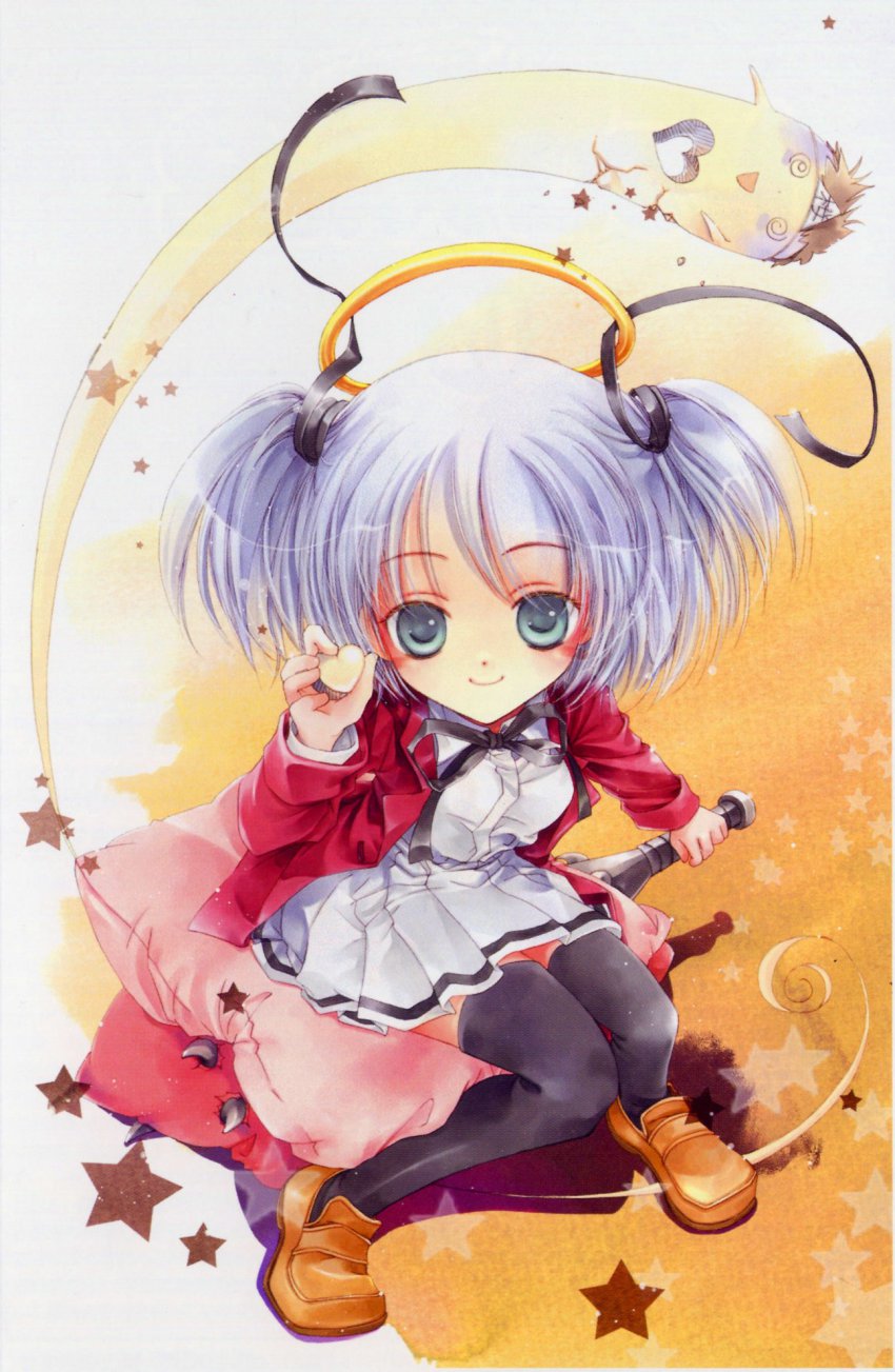 00s, 1girl, aqua_eyes, black_ribbon, black_thighhighs, blush, bokusatsu_tenshi_dokuro-chan, club