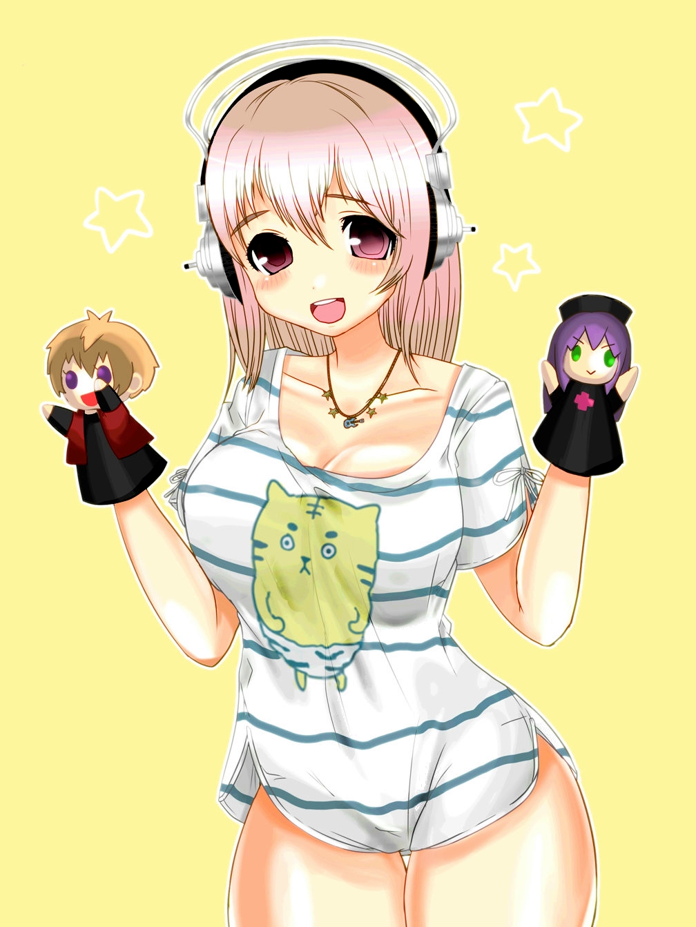 1girl, blush, breasts, brown_hair, female_focus, fujimi_suzu, green_eyes, hand_puppet, headphones, highres, jinusunako, large_breasts, long_hair, looking_at_viewer, nitroplus, no_pants, open_mouth, pink_eyes, pink_hair, puppet, purple_eyes, purple_hair, smile, solo, super_sonico, watanuki_fuuri