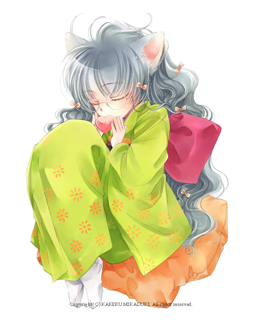 1girl, animal_ears, artist_name, bow, cat_ears, closed_eyes, female_focus, glasses, hair_bow, heart, japanese_clothes, kimono, kiss, long_hair, mikazuki_kakeru, object_kiss, pillow, silver_hair, simple_background, solo, tabi, watermark, wavy_hair, white_background