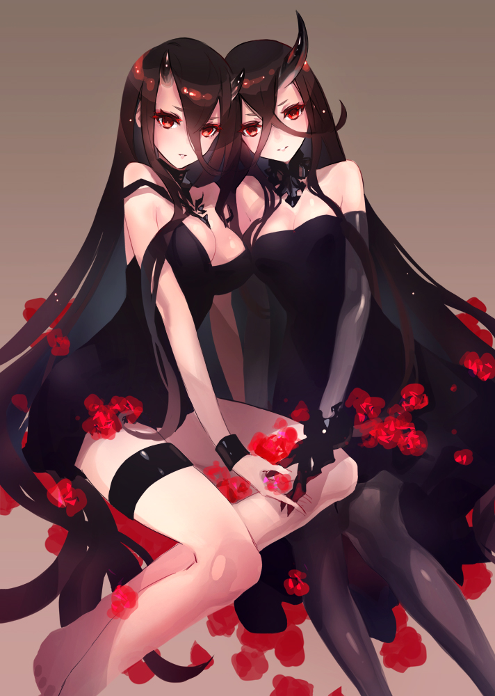 10s, 2girls, abyssal_ship, bare_shoulders, battleship_princess, battleship_water_oni, black_dress, black_hair, breasts, cleavage, collar, crossed_bangs, da-kuro, dakuro, dress, elbow_gloves, gloves, horns, kantai_collection, large_breasts, long_hair, multiple_girls, pantyhose, red_eyes, short_dress, single_horn, skin-covered_horns, strapless, strapless_dress, very_long_hair