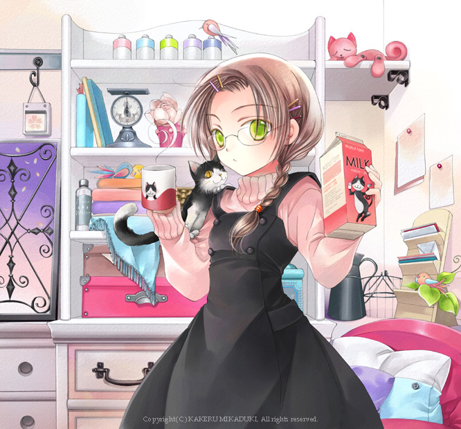 1girl, animal, animal_on_shoulder, artist_name, book, braid, brown_hair, cat, cup, dress, drink_carton, female_focus, glasses, green_eyes, hair_ornament, hairclip, holding, holding_cup, holding_milk_carton, indoors, long_hair, long_sleeves, looking_at_viewer, mikazuki_kakeru, milk_carton, shelf, solo, sweater, toy, turtleneck, watermark