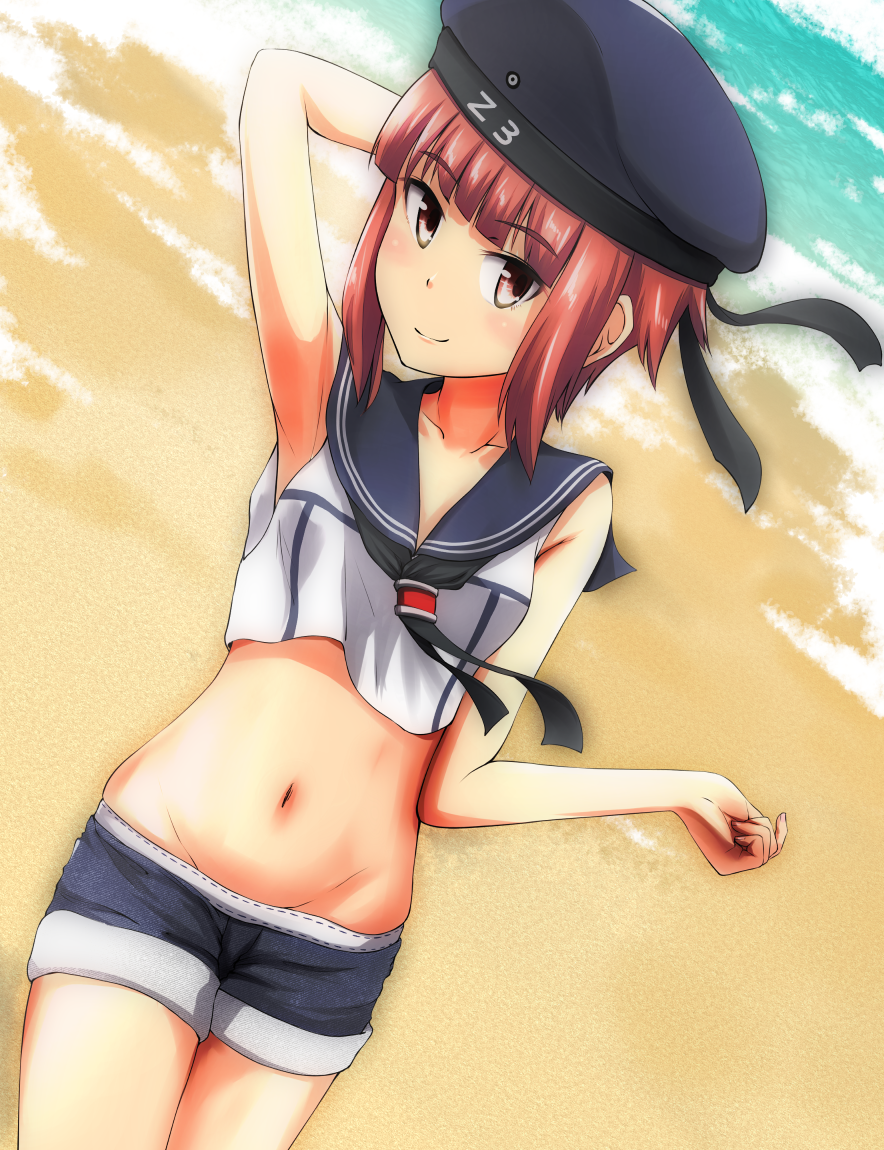 10s, 1girl, alternate_costume, arm_behind_head, arm_up, armpits, bare_shoulders, beach, blunt_bangs, brown_eyes, brown_hair, cowboy_shot, crop_top, dutch_angle, female_focus, hat, kantai_collection, looking_at_viewer, maple_takoyaki, midriff, navel, neckerchief, sailor_collar, sailor_hat, short_hair, shorts, smile, solo, z3_max_schultz_(kancolle)
