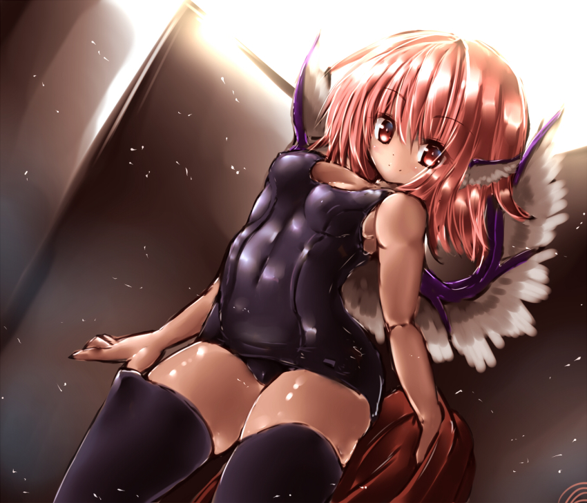 1girl, bare_shoulders, bird_ear, bird_wings, black_thighhighs, blush, breasts, brown_eyes