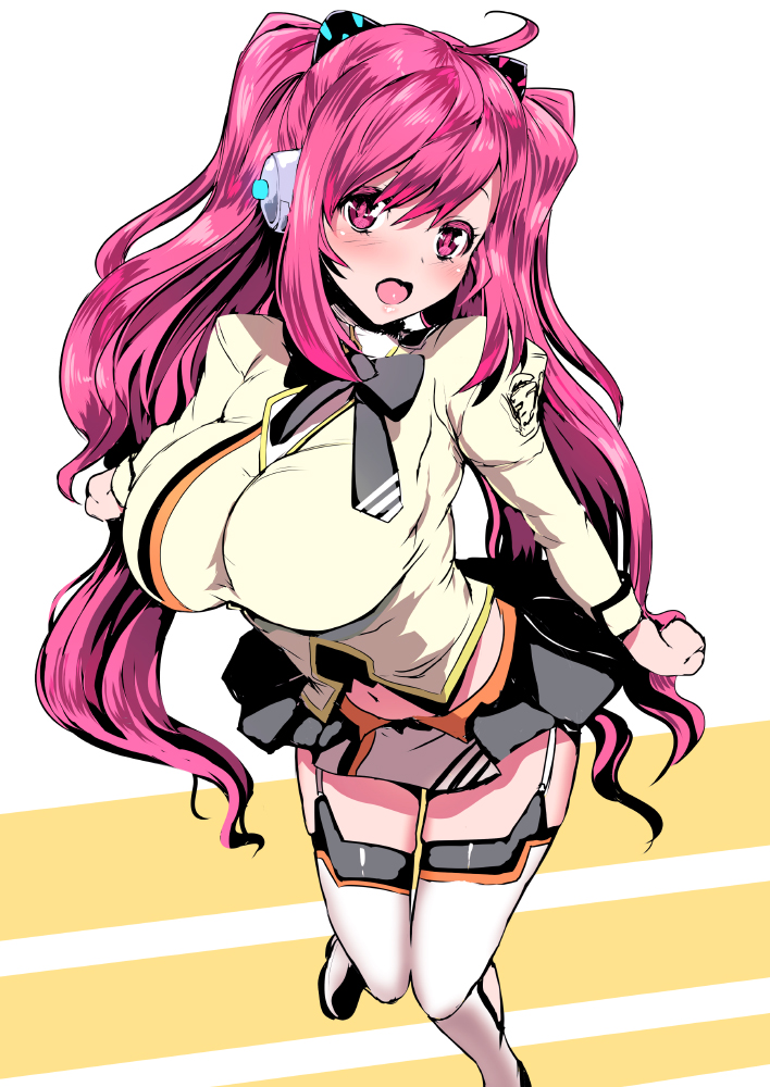 1girl, bemani, blush, breasts, female_focus, large_breasts, leaning_forward, long_hair, looking_at_viewer, miyamoto_issa, navel, pink_eyes, pink_hair, rasis, rasis_(independent_sky), school_uniform, smile, solo, sound_voltex, sound_voltex_ii_infinite_infection, sound_voltex_iii_gravity_wars, thighhighs, twintails, very_long_hair, white_thighhighs