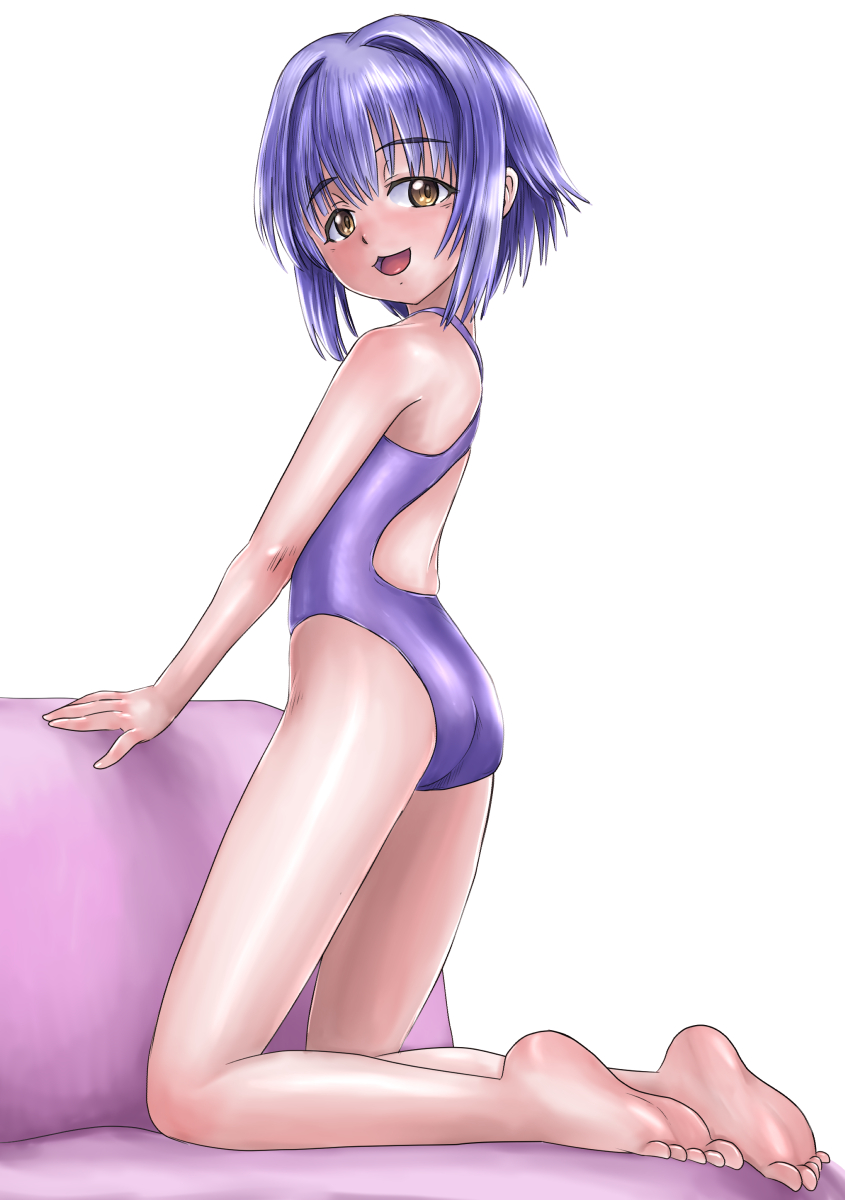 10s, 1girl, :3, ass, barefoot, brown_eyes, competition_swimsuit, feet
