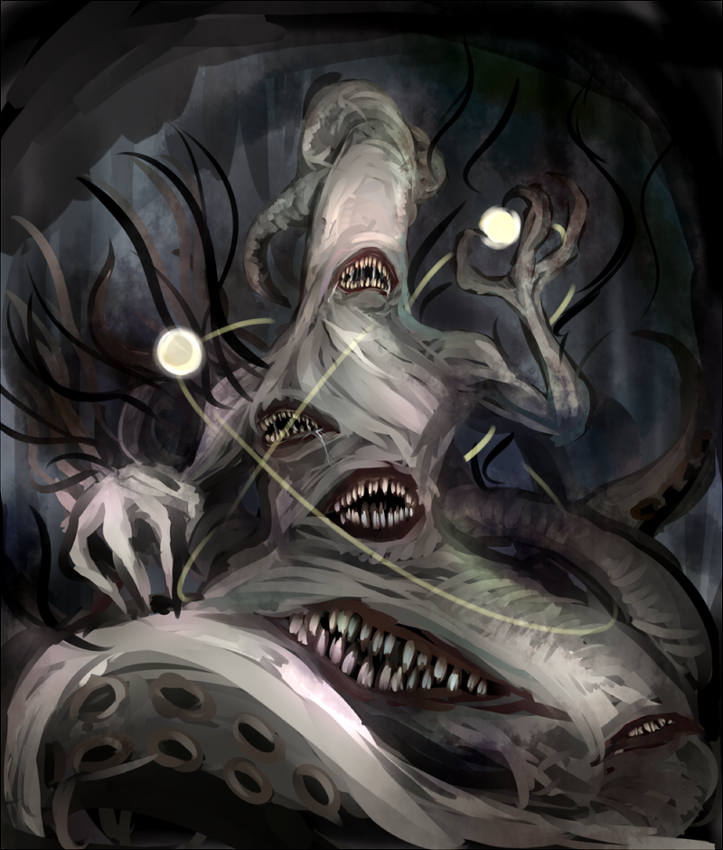 bad_id, bad_pixiv_id, drooling, duel_monster, eldritch_abomination, extra_mouth, no_humans, open_mouth, outer_god_nyarla, rk925, sharp_teeth, teeth, tentacles, yu-gi-oh!