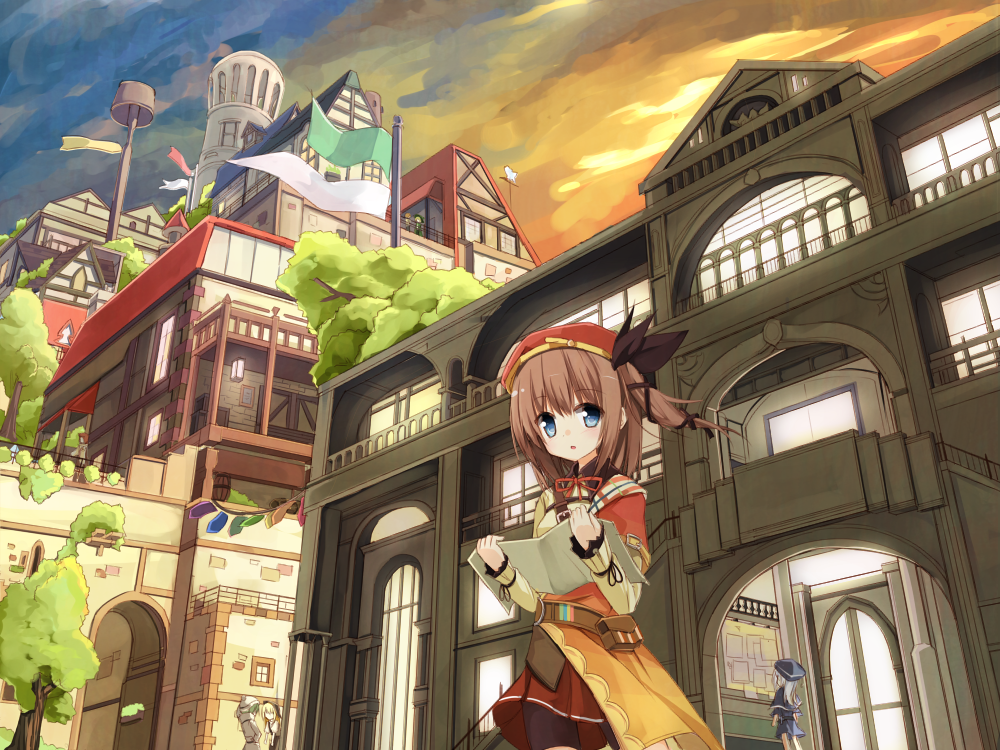 4girls, belt, blonde_hair, blue_eyes, book, brown_hair, building, capelet