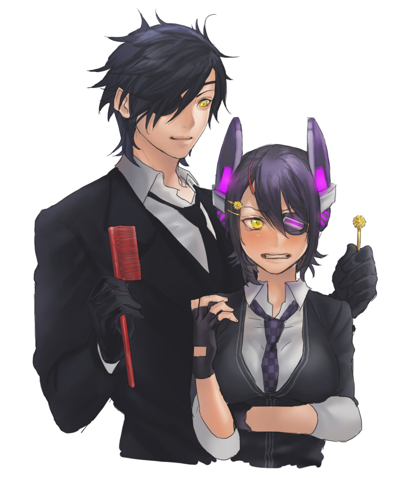 10s, 1boy, 1girl, bad_id, bad_pixiv_id, black_hair, cardigan, comb, crossover, eyepatch, formal_clothes, gloves, headgear, highres, kantai_collection, necktie, purple_hair, shokudaikiri_mitsutada, short_hair, smile, suit, tenryuu_(kancolle), touken_ranbu, trait_connection, uniform, yellow_eyes, yuusya27