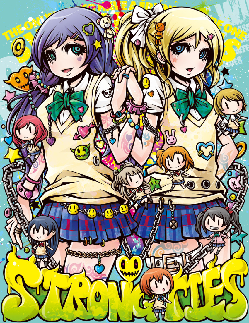 10s, 6+girls, :>, =>, absurdly_detailed_composition, ayase_eli, black_hair, blonde_hair