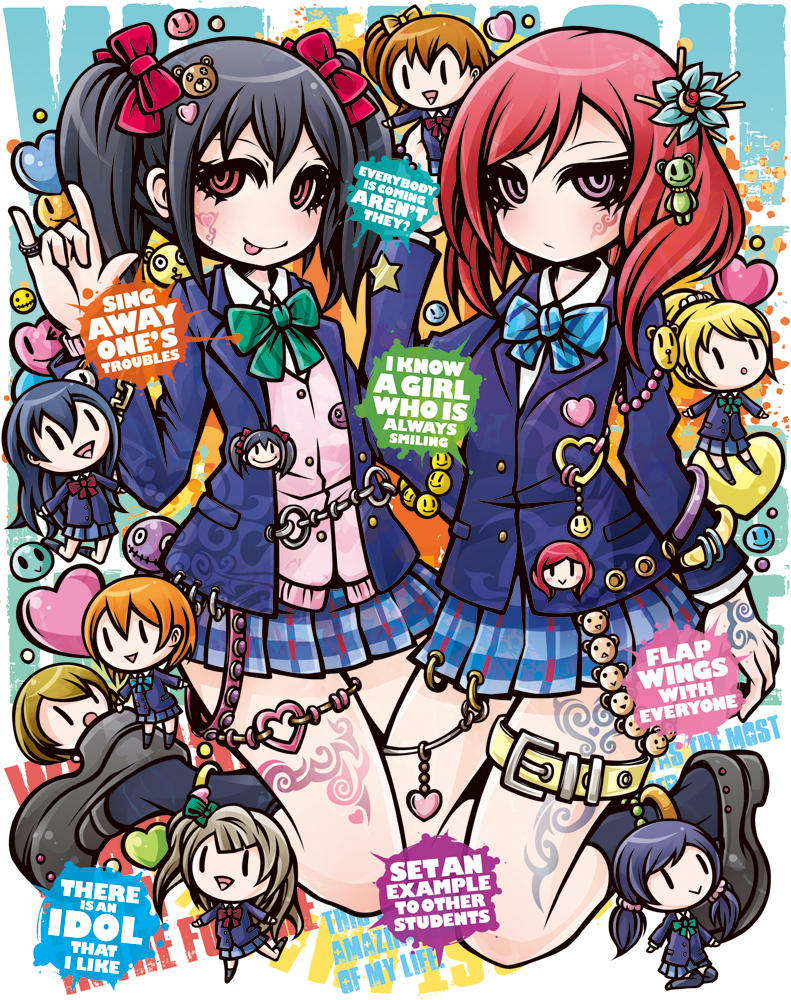 10s, 6+girls, :>, :d, :p, =>, absurdly_detailed_composition, ayase_eli