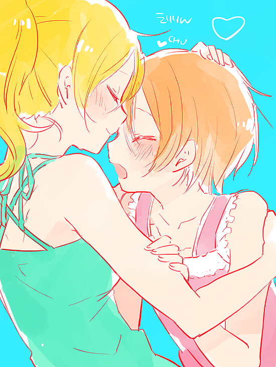 10s, 2girls, ayase_eli, bare_shoulders, blonde_hair, blush, hand_on_another's_head, heart
