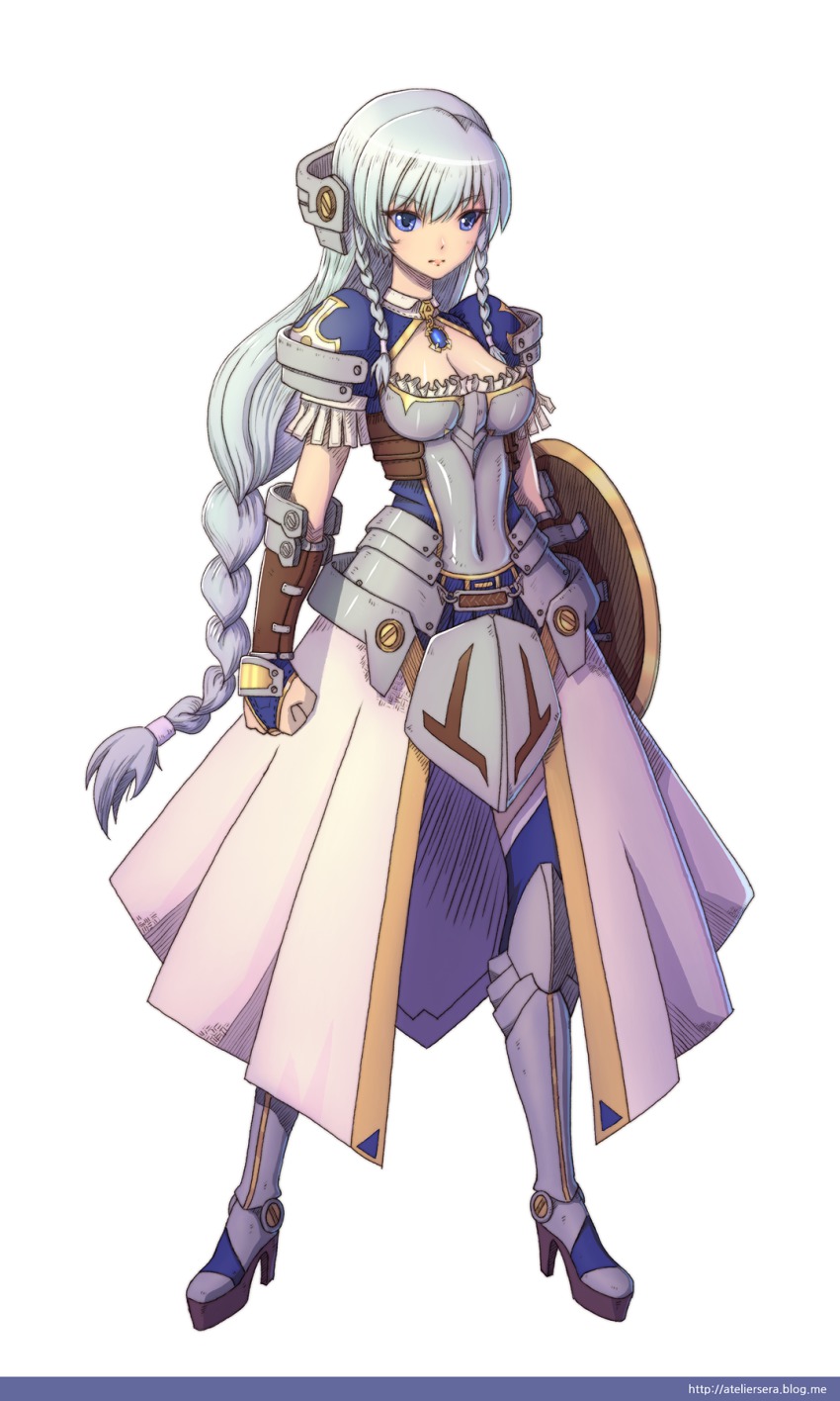 1girl, armor, armored_boots, blue_eyes, blue_hair, boots, braid, breastplate, breasts, cleavage, clenched_hand, dress, female_focus, grey_boots, highres, long_hair, matching_hair/eyes, original, platform_boots, platform_footwear, ponytail, princess_knight, seraph_(ateliersera), shield, solo, standing, thighhighs, twin_braids, very_long_hair, watermark, web_address