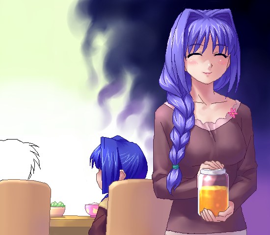 1boy, 2girls, ^_^, aizawa_yuuichi, akiko_jam, aura, braid, dark_aura, closed_eyes, hair_intakes, jam, kanon, minase_akiko, minase_nayuki, multiple_girls, oekaki, aged_down, zen