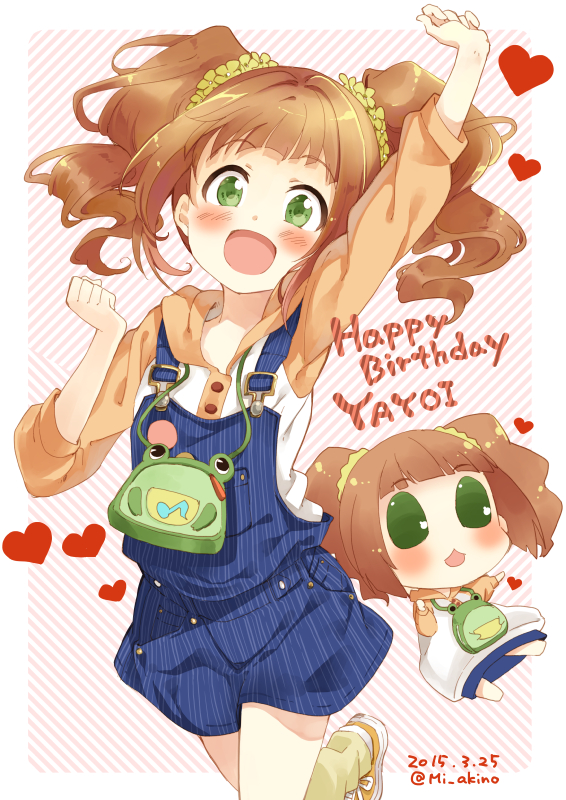 1girl, :3, :d, bag, brown_hair, female_focus, flower, green_eyes