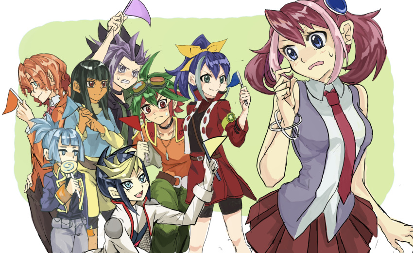 3girls, 5boys, atlantic_salmon, bike_shorts, black_hair, blue_eyes, blue_hair, bow