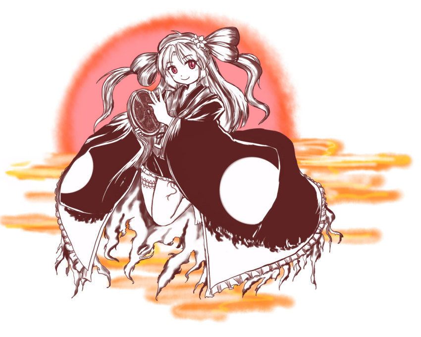 1girl, barefoot, female_focus, flower, frills, gagawa_ichi, hairband, japanese_clothes, kimono, long_hair, original, pink_eyes, riverbed_soul_saver, skirt, smile, solo, touhou, twintails, yamatoyo_no_momohime