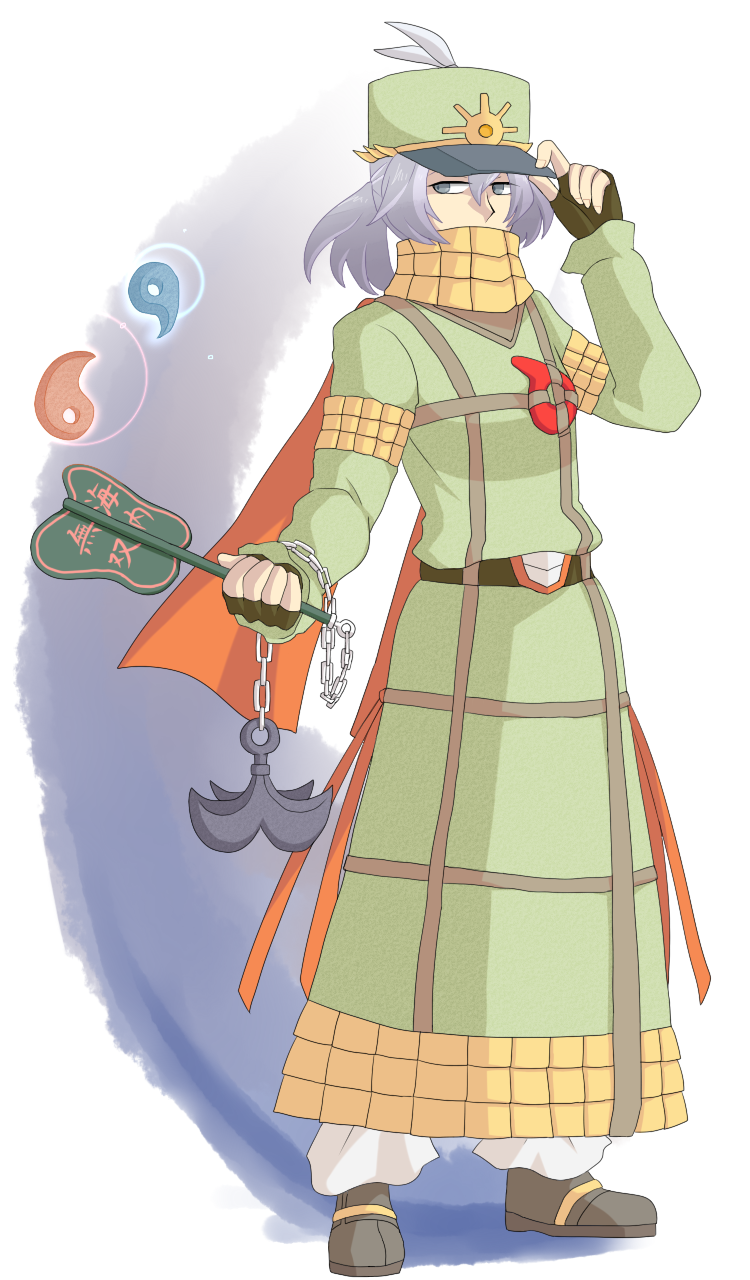 1girl, belt, blue_eyes, blue_hair, female_focus, fingerless_gloves, gloves, hat, highres, long_coat, magatama, matching_hair/eyes, matryoshka_(borscht), original, pants, ponytail, riverbed_soul_saver, scarf, scarf_over_mouth, short_hair, solo, takenouchi_no_tarumi, touhou