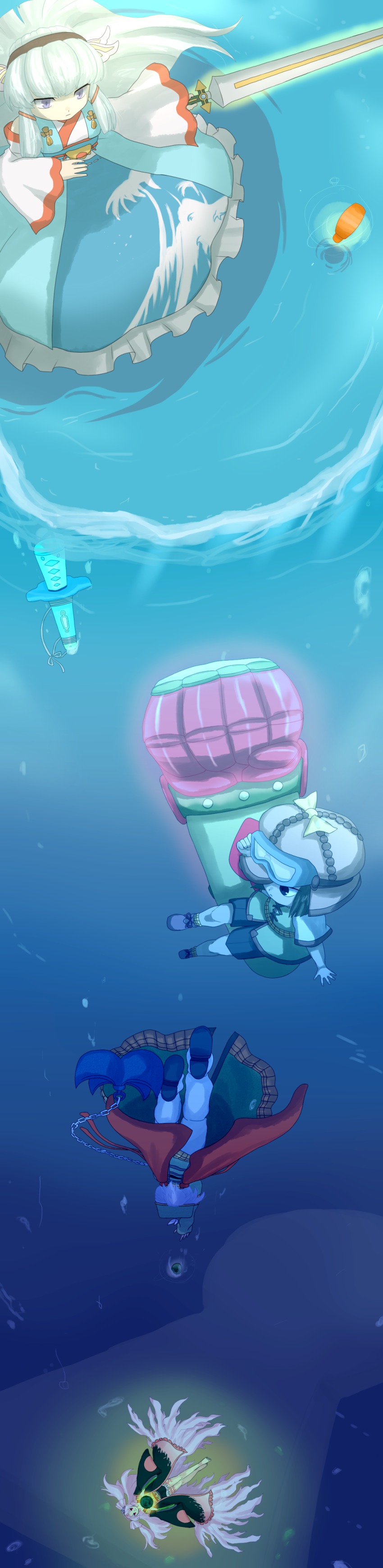 4girls, absurdres, barefoot, belt, blue_hair, brown_hair, detached_sleeves, flower