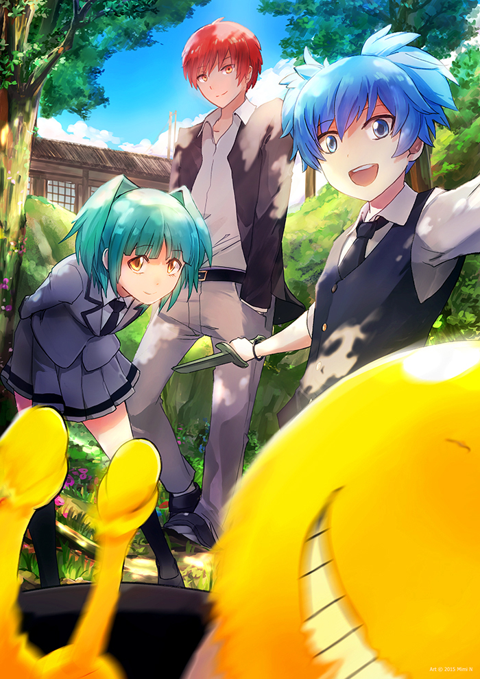 10s, 1girl, 2boys, akabane_karma, ansatsu_kyoushitsu, blue_eyes, blue_hair, green_hair