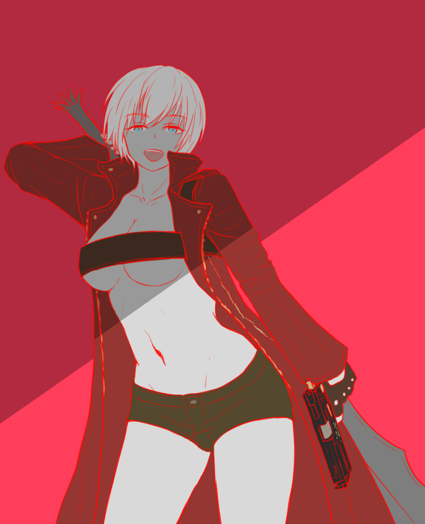 1girl, blue_eyes, breasts, cleavage, coat, cowboy_shot, dante_(devil_may_cry), devil_may_cry_(series), dual_wielding, female_focus, fingerless_gloves, genderswap, genderswap_(mtf), gloves, gun, handgun, highres, holding, huge_breasts, huge_weapon, long_coat, pistol, qian_cai, red_coat, shadow, short_hair, short_shorts, shorts, solo, sparda_(sword), sword, weapon, white_hair