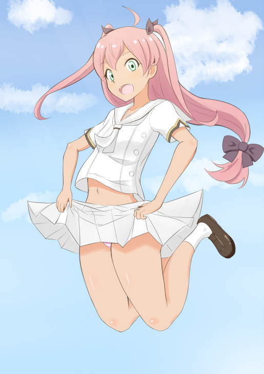 1girl, ahoge, blue_sky, character_request, cloud, day, fangs, female_focus, flat_chest, jumping, long_hair, low-tied_long_hair, mai_ball!, navel, nitou_inko, open_mouth, panties, pantyshot, pink_hair, pleated_skirt, school_uniform, serafuku, skirt, sky, socks, solo, striped_clothes, striped_panties, two_side_up, underwear