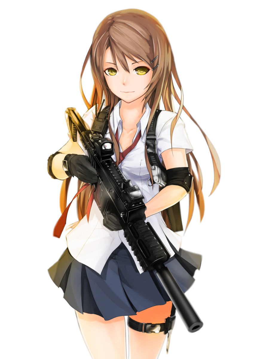 1girl, bad_id, bad_pixiv_id, brown_hair, elbow_pads, female_focus, gloves, gun