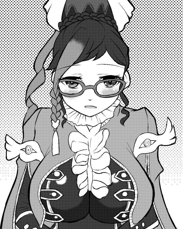 1girl, amamori_(gokusaishiki_matenrou), blush, braid, breasts, buttons, dress, female_focus, french_braid, gloves, greyscale, hair_ornament, halftone, halftone_background, high_ponytail, large_breasts, lipstick, long_hair, long_sleeves, looking_at_viewer, makeup, mamere_l'oye_(wonderland_wars), monochrome, multicolored_hair, open_mouth, partially_colored, ponytail, side_braid, sidelocks, solo, two-tone_hair, upper_body, wonderland_wars