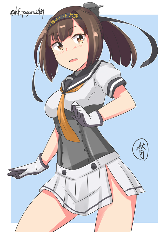 10s, 1girl, ahoge, akizuki_(kancolle), black_hair, blunt_bangs, blush, brown_eyes