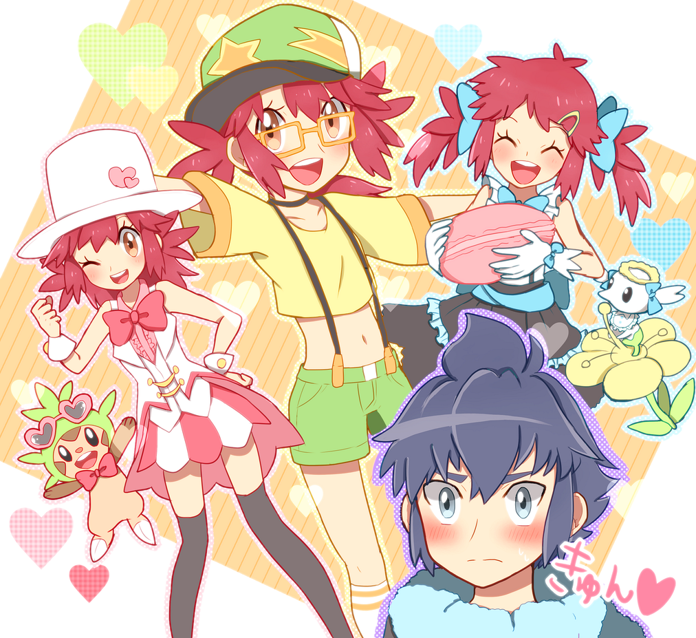 1boy, 1girl, ako_(ako0905), alain_(pokemon), alternate_costume, bespectacled, blue_eyes, blush, brown_eyes, chespin, flabebe, flabebe_(yellow_flower), gen_6_pokemon, glasses, gloves, hat, long_hair, mairin_(pokemon), nintendo, one_eye_closed, pokemon, pokemon_(anime), pokemon_(creature), purple_hair, red_hair, short_hair, smile, wink