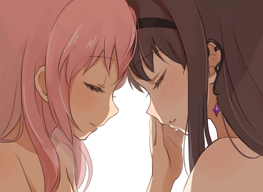10s, 2girls, akemi_homura, bad_id, bad_pixiv_id, bare_shoulders, blush, brown_hair
