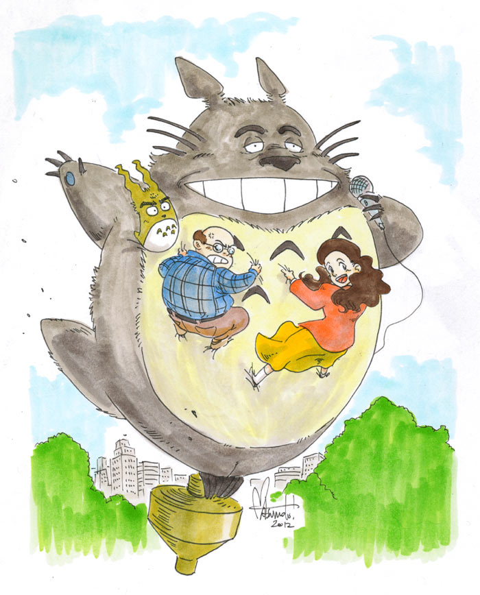 10s, 1girl, 2012, anger_vein, angry, animalization, bald, brown_hair, character_request, clenched_teeth, cosmo_kramer, elaine_benes, george_costanza, grin, happy, jerry_seinfield, long_hair, looking_at_viewer, looking_back, microphone, outdoors, parody, seinfeld, signature, skirt, smile, tagme, teeth, tonari_no_totoro, totoro