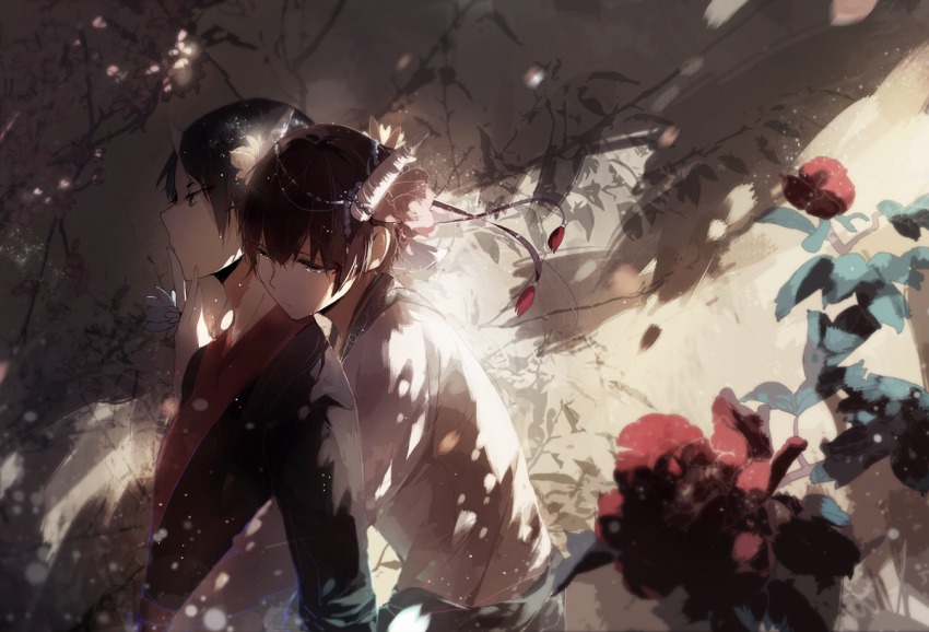 10s, 2boys, black_eyes, chinese_clothes, flower, hakutaku_(hoozuki_no_reitetsu), hand_on_another's_face, hoozuki_(hoozuki_no_reitetsu)