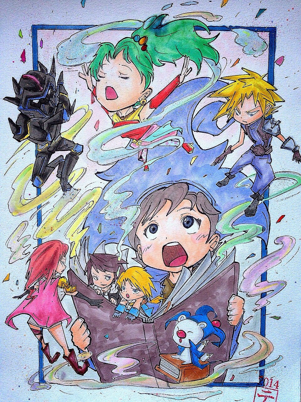 00s, 10s, 1990s_(style), 2014, :o, armor, artist_request, blonde_hair, blue_eyes, book, brown_hair, cape, cecil_harvey, chibi, cloud_strife, commentary_request, dark_knight, dated, deci, deci_(ffrk), dr._mog, closed_eyes, final_fantasy, final_fantasy_iv, final_fantasy_ix, final_fantasy_record_keeper, final_fantasy_vi, final_fantasy_vii, final_fantasy_viii, full_armor, green_hair, hat, helmet, highres, lightning_farron, looking_up, moogle, multiple_boys, multiple_girls, open_book, open_mouth, ponytail, red_hair, squall_leonhart, tina_branford, tyro, zidane_tribal