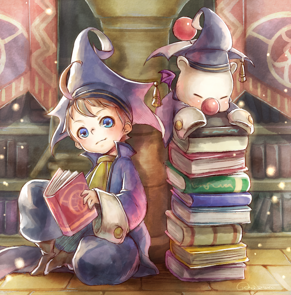 2boys, ahoge, antennae, bat_wings, blue_eyes, book, brown_hair, coat