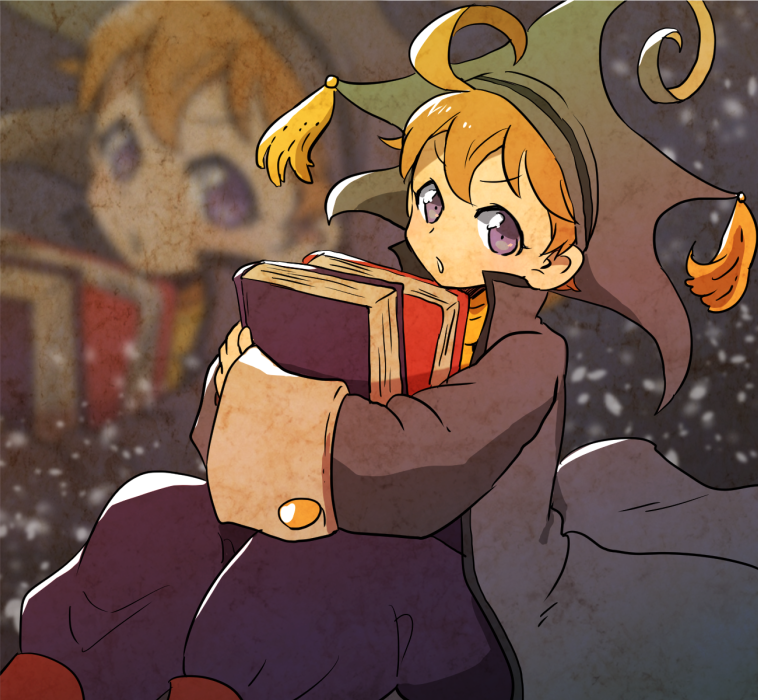 1boy, :o, ahoge, book, brown_hair, coat, commentary, deci