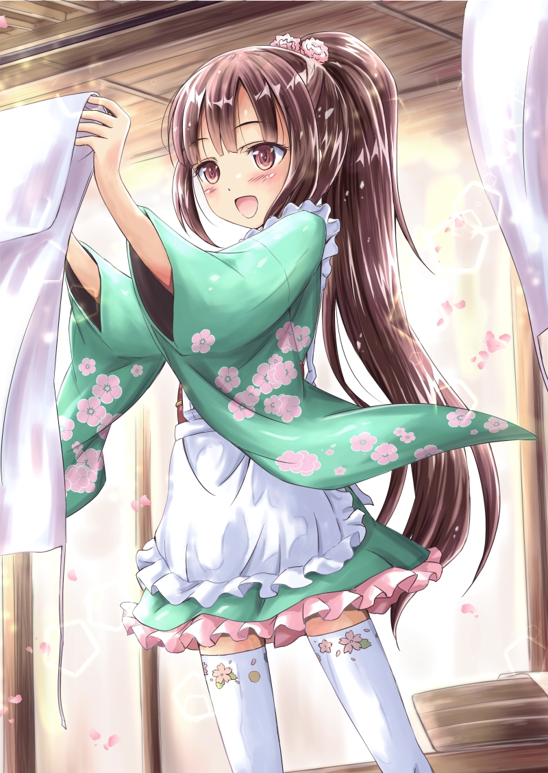 1girl, :d, apron, brown_hair, character_request, female_focus, frilled_skirt, frills, japanese_clothes, kimono, kimono_skirt, long_hair, maid, open_mouth, oshiro_project:re, ponytail, saz, saz_(sazin764), skirt, smile, solo, thighhighs, very_long_hair, wa_maid, yoita_(oshiro_project)