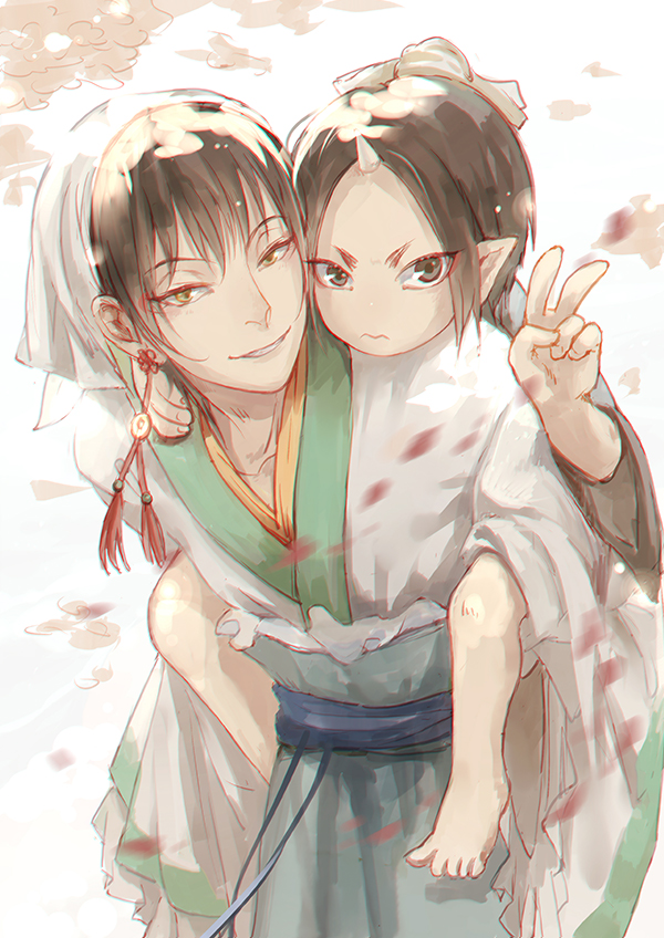 10s, 2boys, bandana, barefoot, black_hair, bun_cover, carrying, child