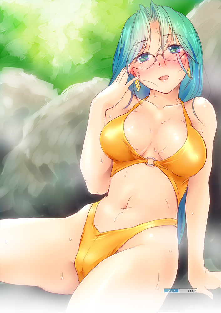 1girl, :d, bikini, blush, breasts, cleavage, day, earrings