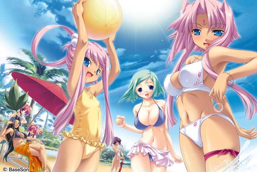 6+girls, absurdres, aqua_hair, ball, beach, beachball, bikini, blue_eyes