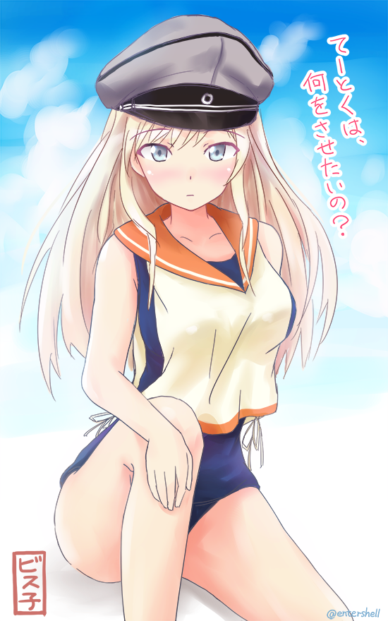 1girl, bad_id, bad_nicoseiga_id, bare_shoulders, bismarck_(kancolle), blonde_hair, blouse, blue_eyes