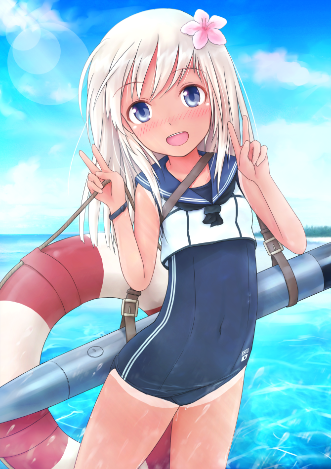 10s, 1girl, :d, bare_legs, bare_shoulders, blue_eyes, blue_sky, blush