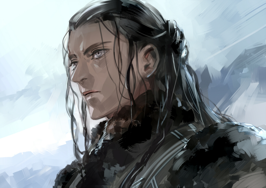 1boy, azel_halgal, bad_id, bad_pixiv_id, black_hair, day, eyelashes, from_below, fur_trim, grey_eyes, half_updo, long_hair, male_focus, messy_hair, otoyomegatari, portrait, saiga_tokihito, solo, wavy_hair