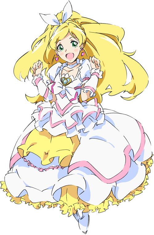 1girl, :d, blonde_hair, brooch, choker, cure_rhythm, dress, earrings, female_focus, frills, full_body, go!_princess_precure, green_eyes, hair_ribbon, heart, heart_brooch, in-franchise_crossover, jewelry, long_hair, magical_girl, minamino_kanade, mode_elegant_(go!_princess_precure), open_mouth, parody, precure, ribbon, smile, solo, suite_precure, umanosuke, white_background, white_choker, wrist_cuffs