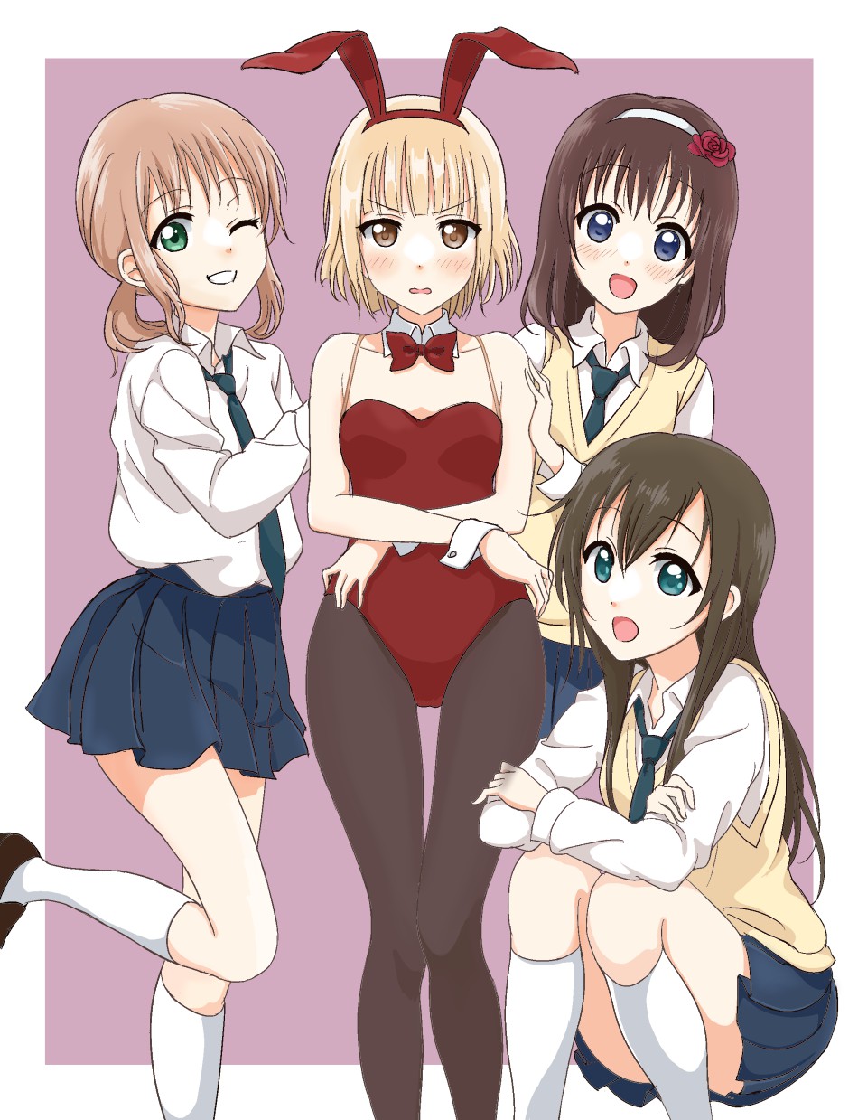4girls, :d, ;), animal_ears, black_legwear, blonde_hair, blue_eyes, blush