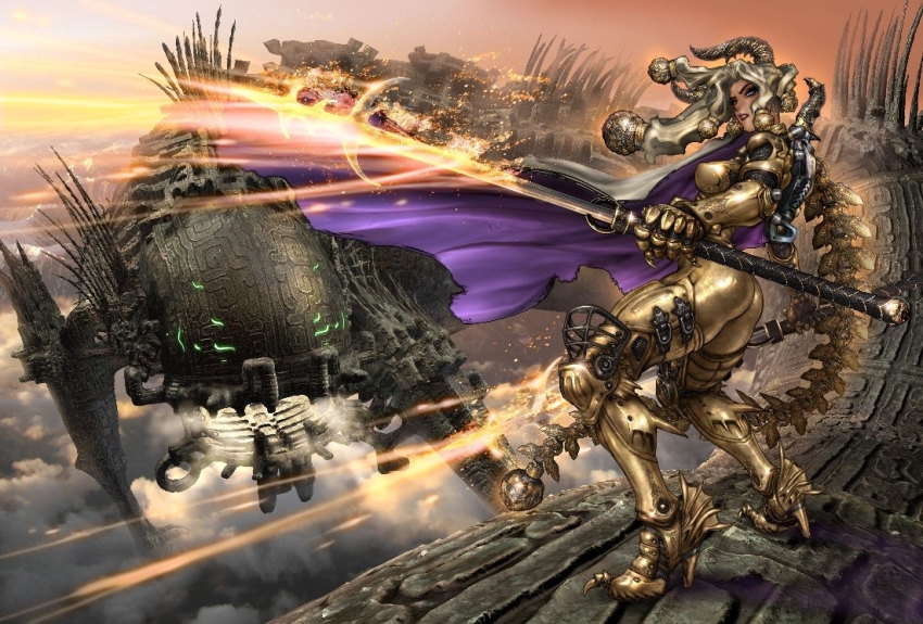 3d, armor, blonde_hair, gold_armor, shirou_masamune, sword, tcg, weapon