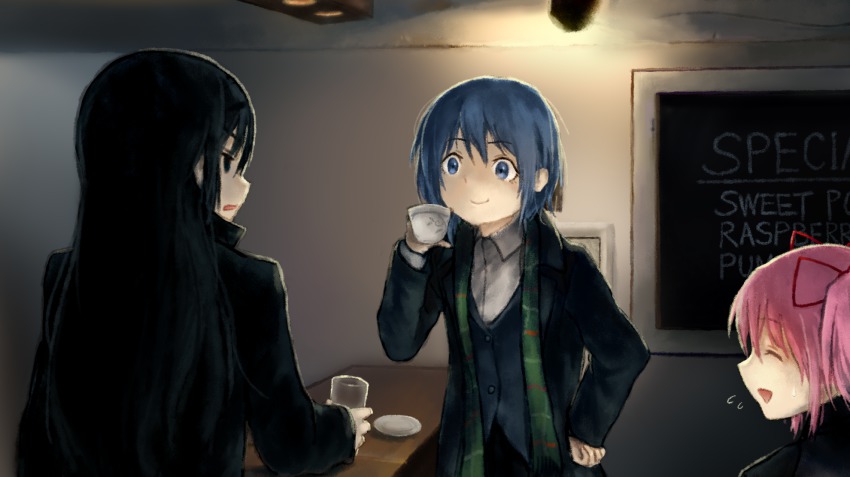 3girls, akemi_homura, blouse, cosplay, crossover, cup, drinking_glass, hand_on_own_hip